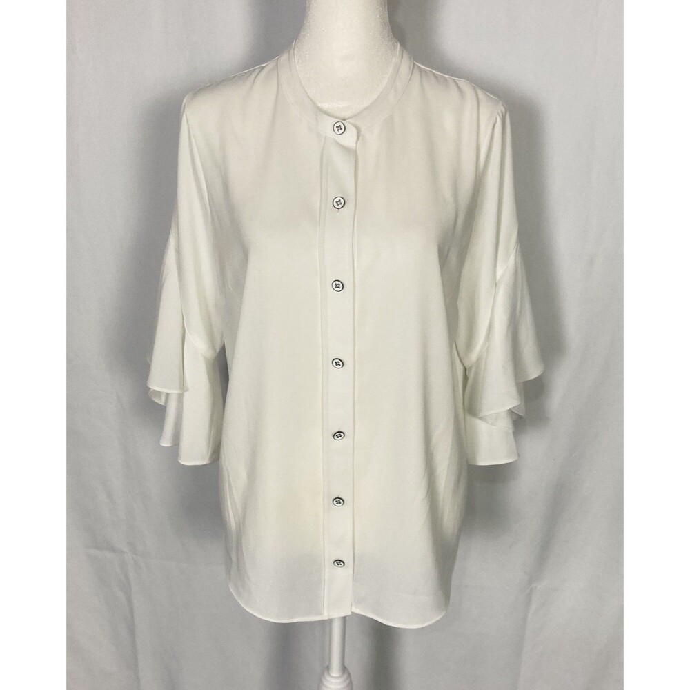 Cabi #5521 Sz Small White Float Blouse Button-Up 3/4 Flutter Sleeve Back Pleat